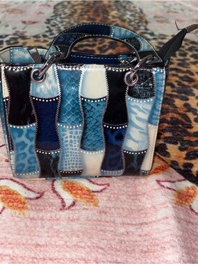 SHEIN Blue and Cream Patchwork Satchel